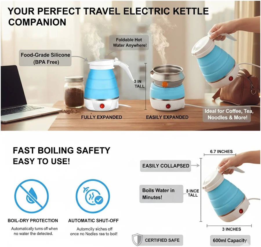 Silicone Foldable Collapsible Electric Water Kettle Camping Boiler